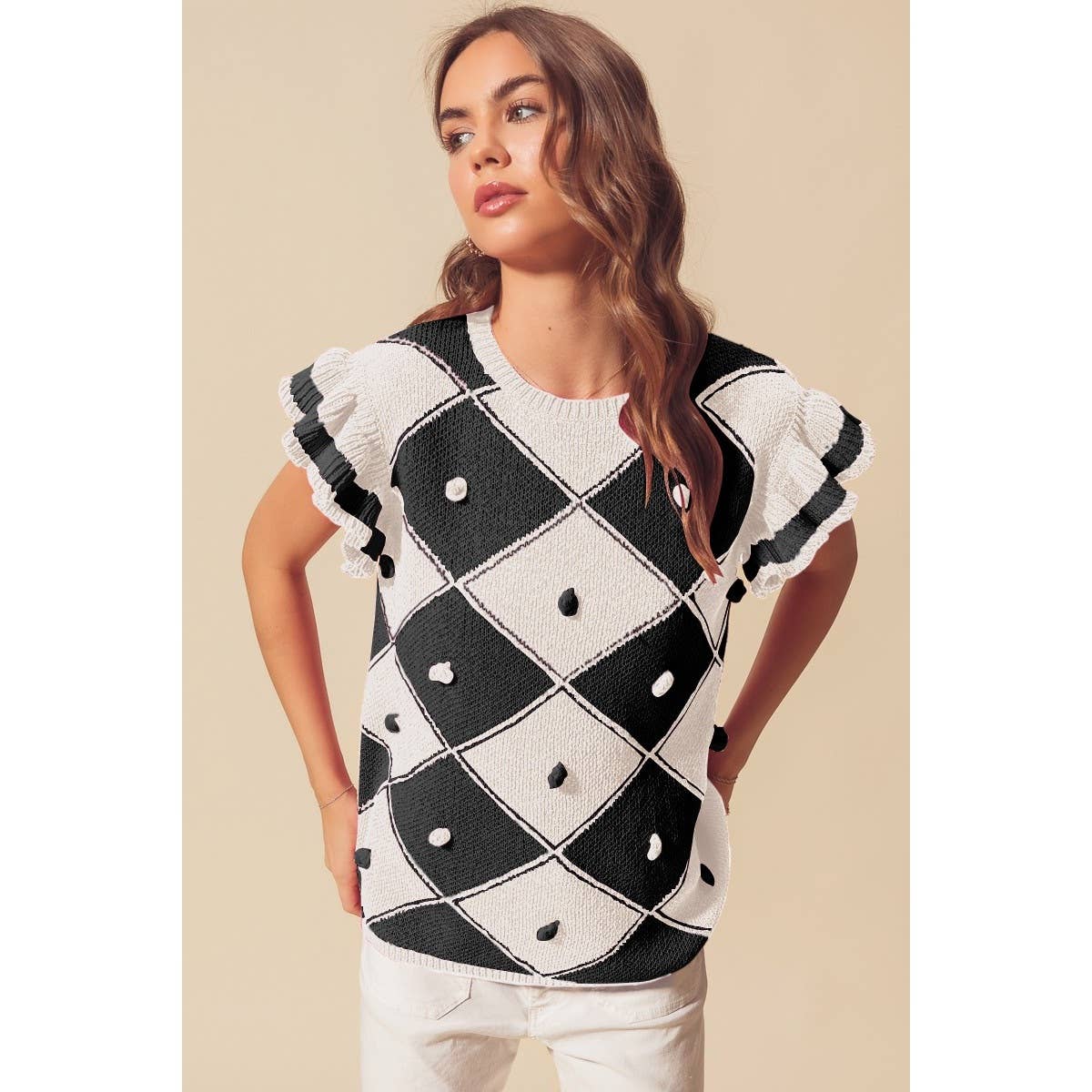 ARGYLE PATTER SWEATER TOP WITH RUFFLED SLEEVES