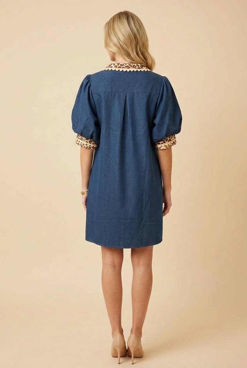 HD50303 Leopard Trim Puff Sleeve Mini Dress