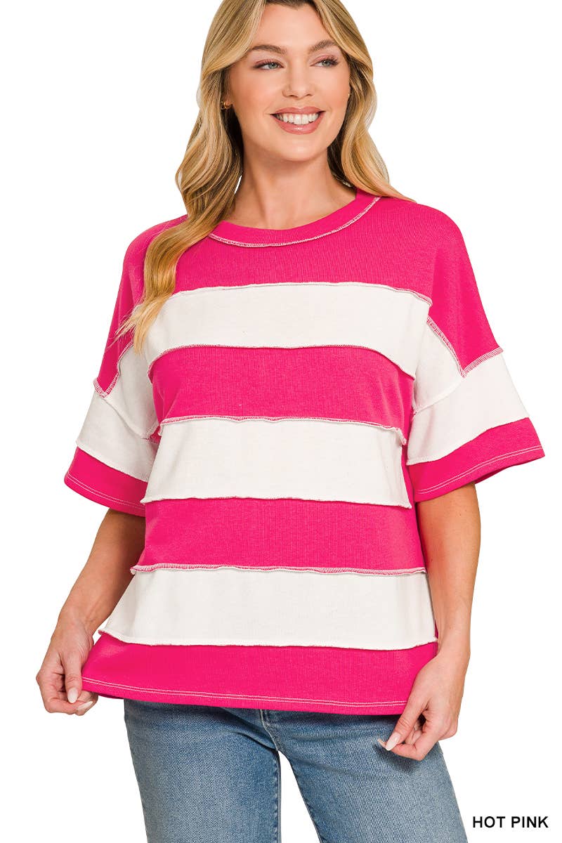 French Terry Striped Exposed Seam Top - Zenana