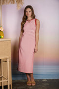 STRIPE CONTRAST TRIM SLEEVELESS KNIT MIDI DRESS