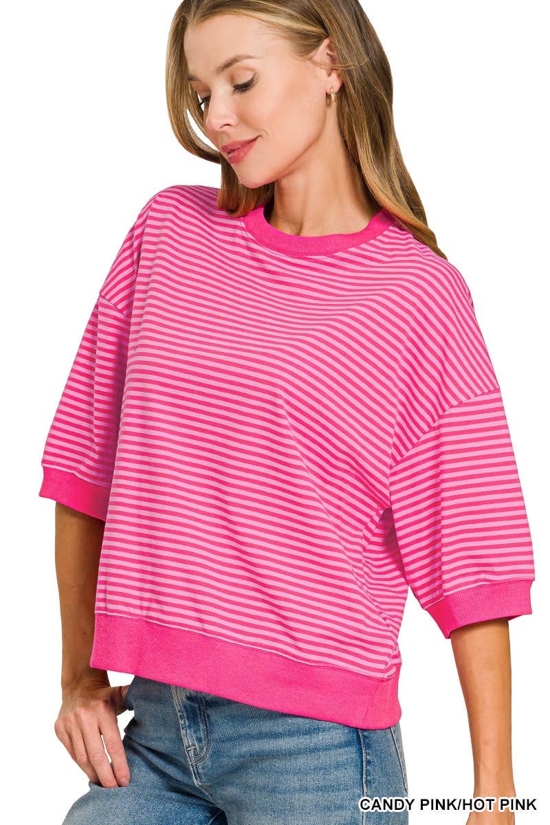 Striped Contrast Trim Banded Bottom Top - Zenana