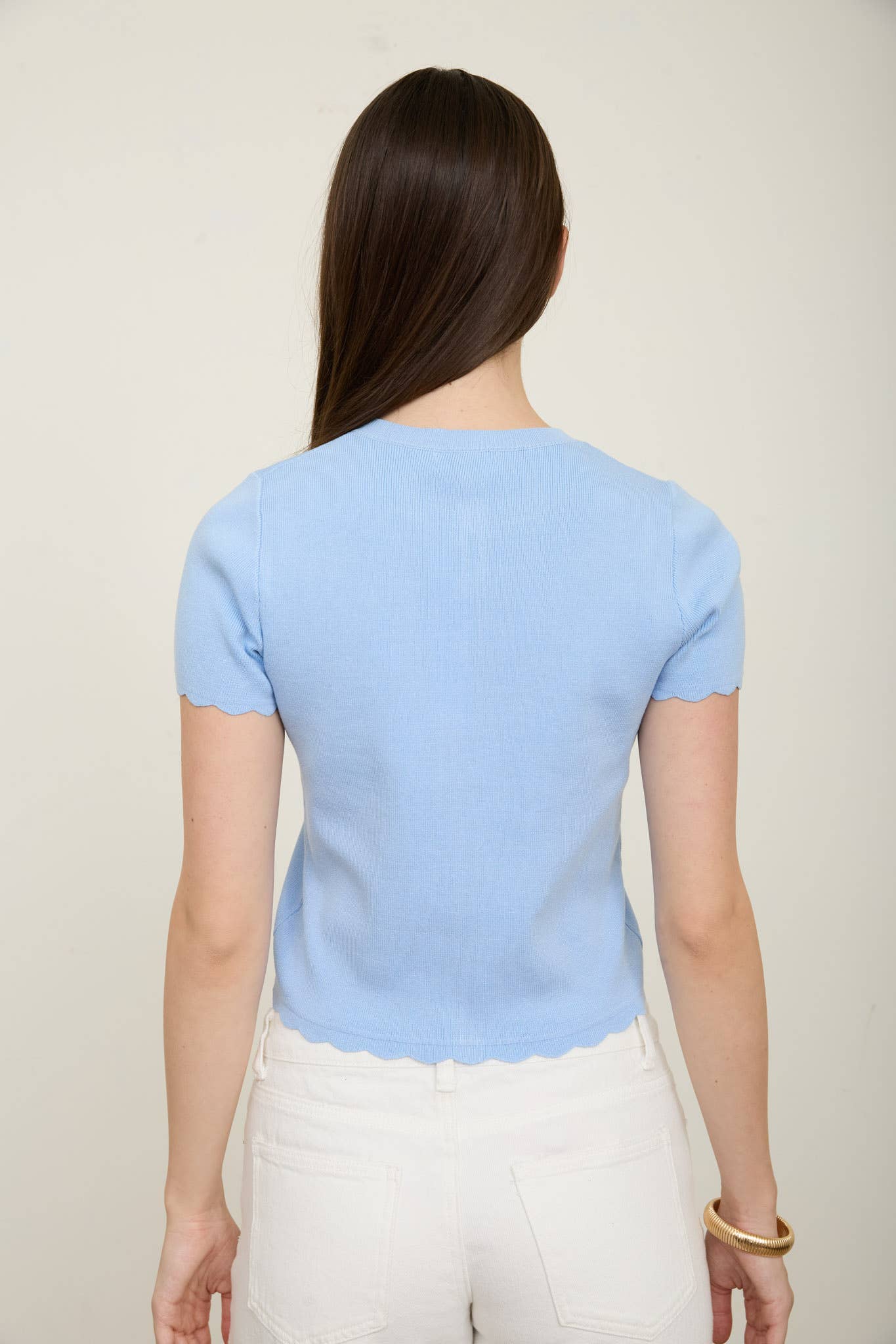 SCALLOPED SHORT SLEEVE BUTTON DOWN KNIT CARDIGAN