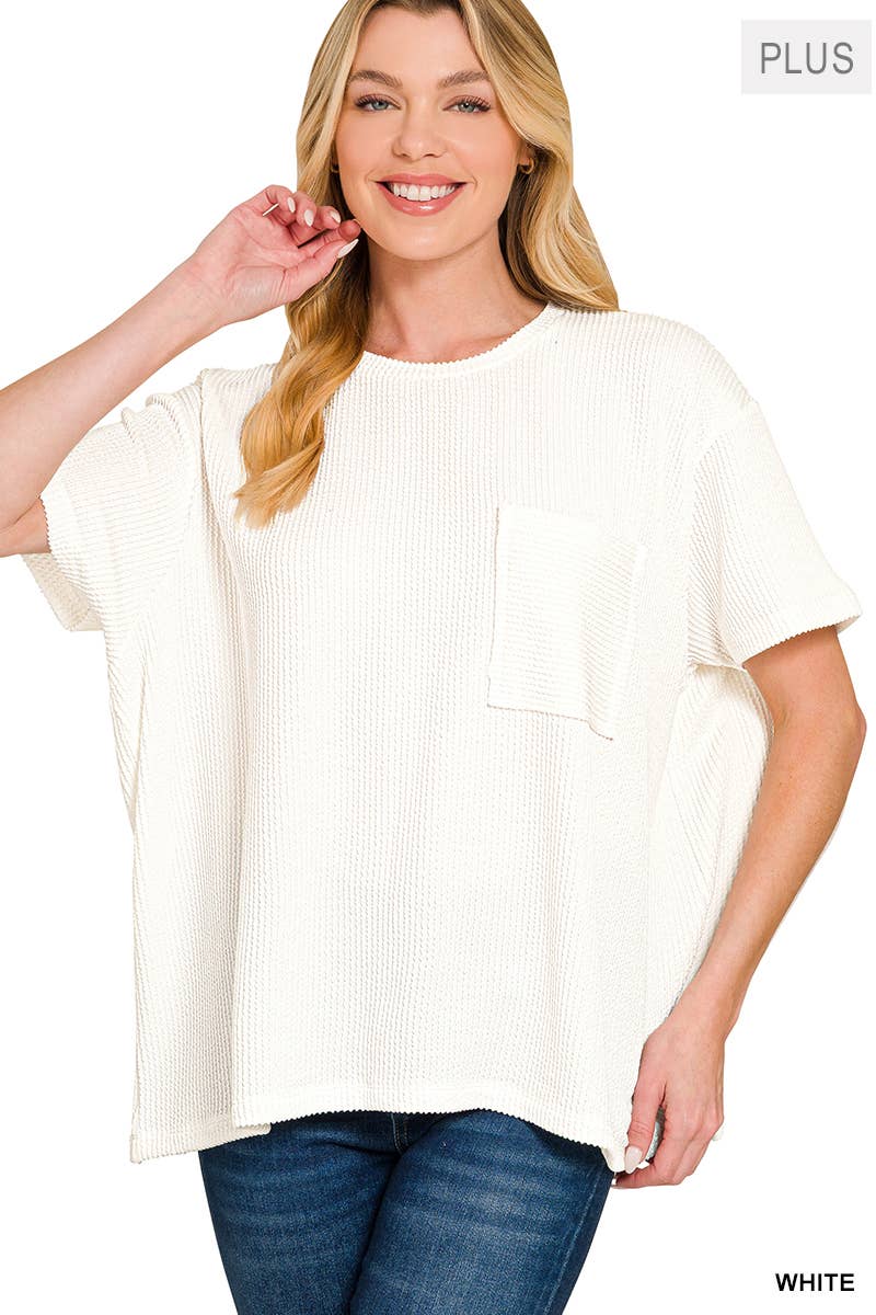 0107 Plus Raised Rib Short Sleeve Front Pocket Top SI-28942