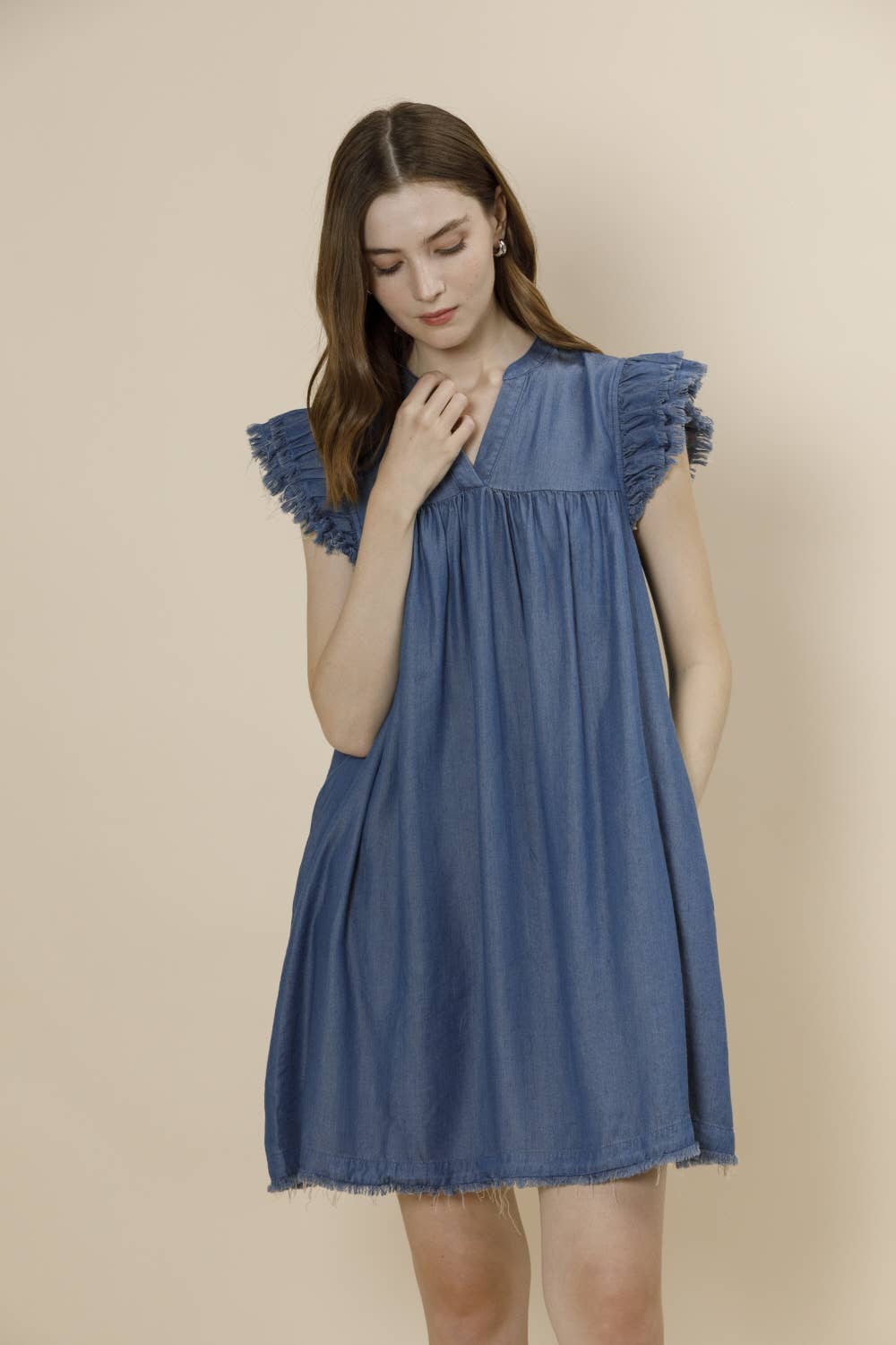 Frayed Sleeve Tencel Denim Mini Dress