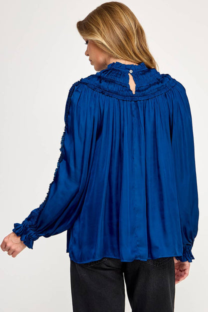 IT3477 - RUFFLED LONG SLEEVES SATIN TOP