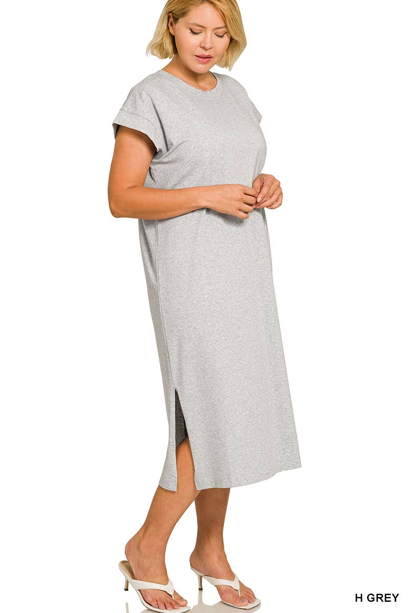 0624 Plus Round Neck Short Sleeve Midi Dress w/ Side Slit SI-2728