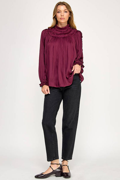 IT3477 - RUFFLED LONG SLEEVES SATIN TOP