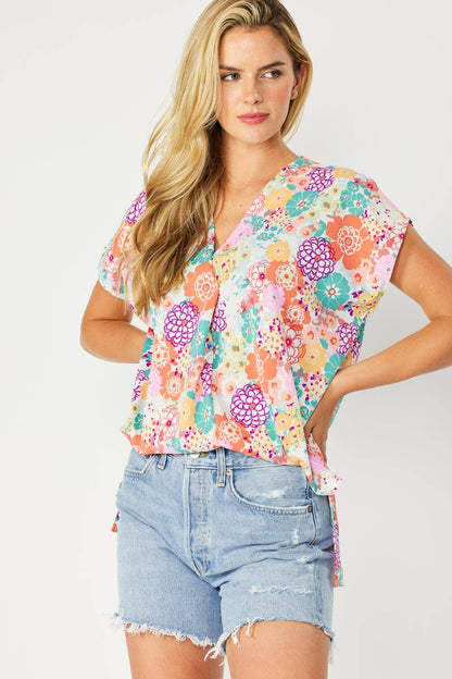ST3611-E - FLORAL PRINT HI-LOW V NECK RELAXED FIT TOP