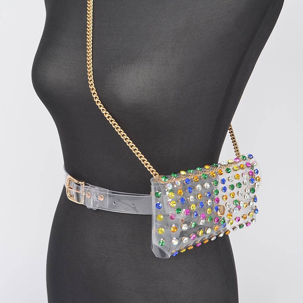 Rhinestone Clear Belt Bag W/Chain PB8633
