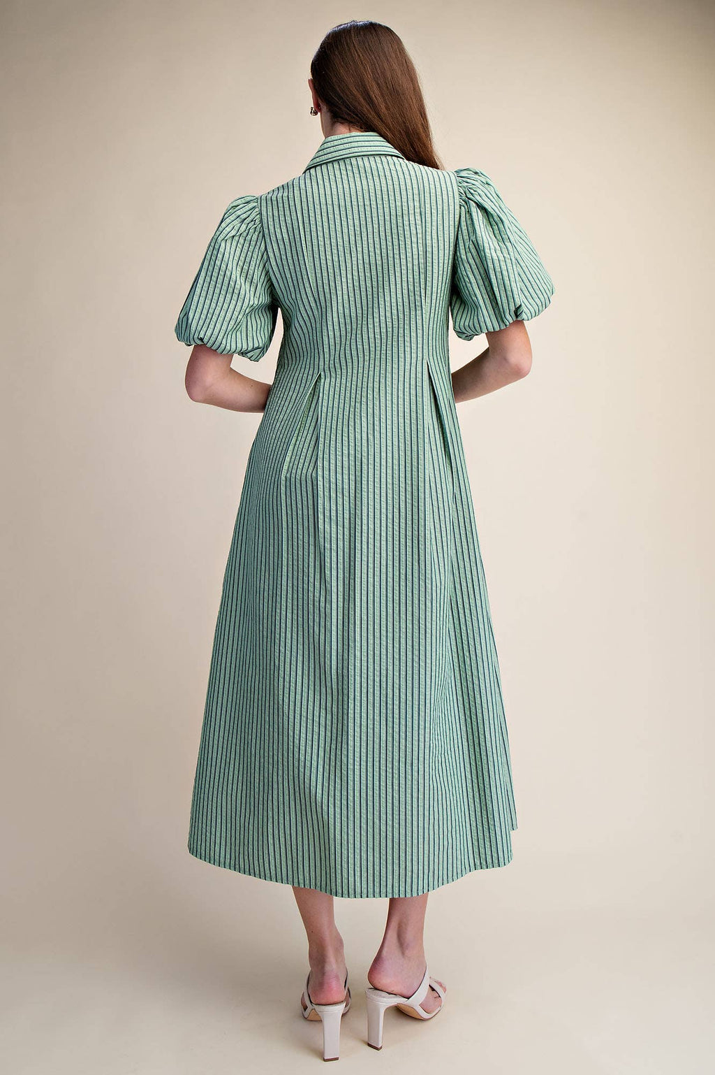 Collar V-Neck Puff Sleeve Stripe Pleated Midi Dress