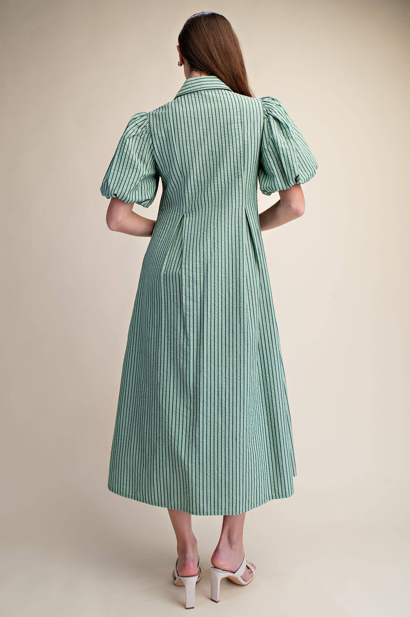 Collar V-Neck Puff Sleeve Stripe Pleated Midi Dress