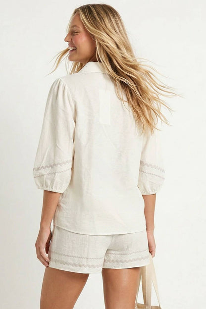 Contrast Trim Puff Sleeve Linen Blouse