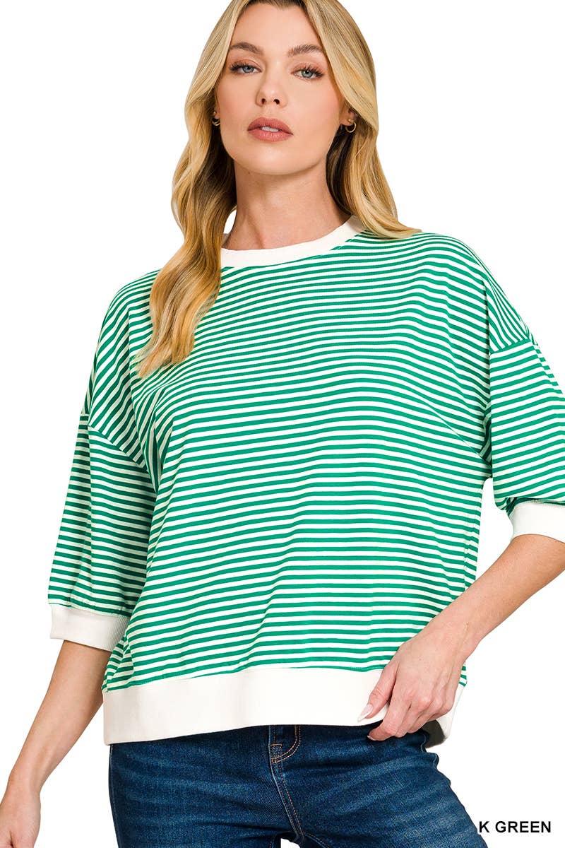 Striped Contrast Trim Banded Bottom Top - Zenana