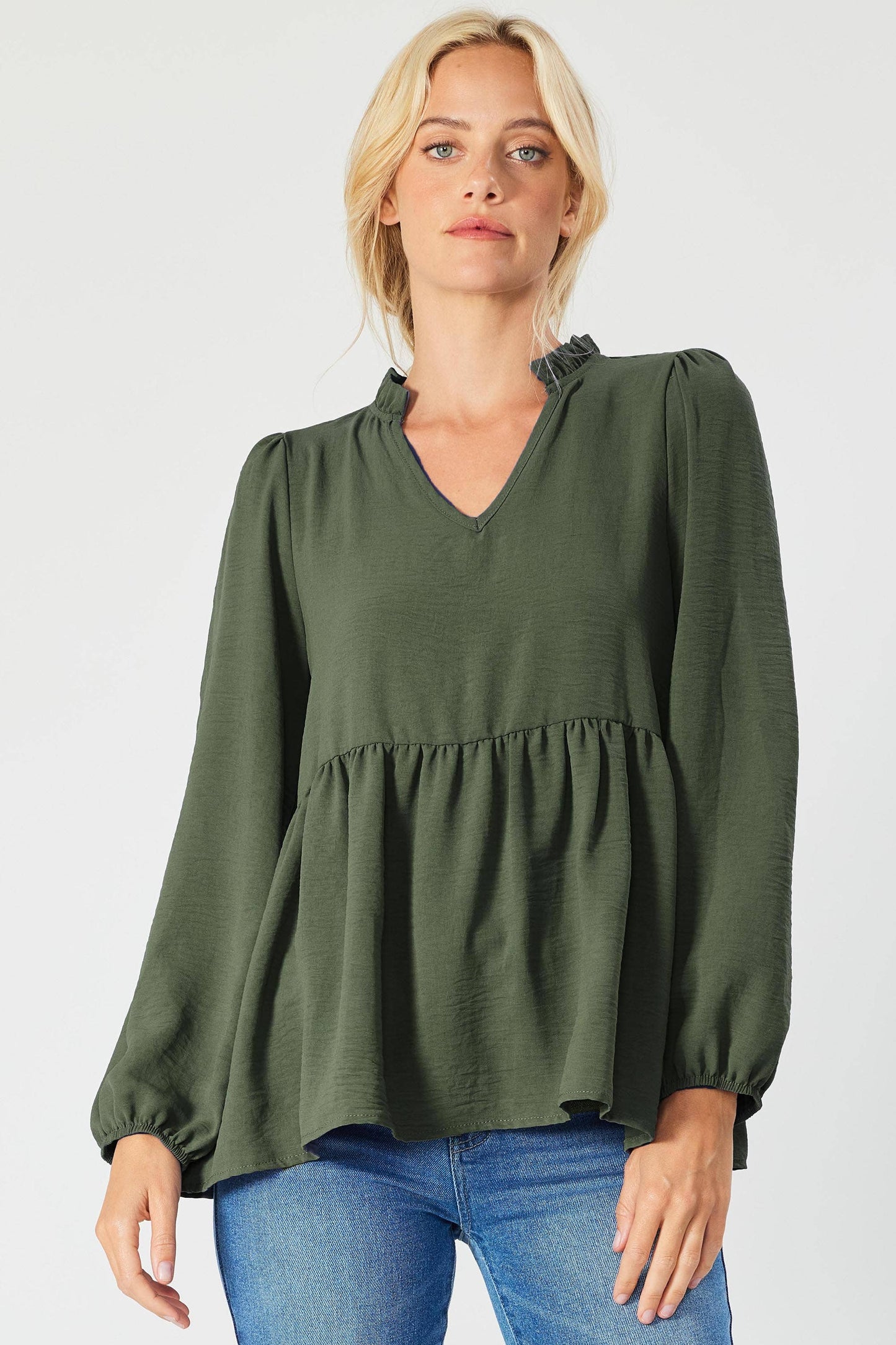 ST3073-A - SOLID LONG SLEEVE PEPLUM  TOP WITH RUFFLE COLLAR