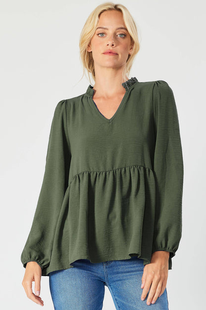 ST3073-A - SOLID LONG SLEEVE PEPLUM  TOP WITH RUFFLE COLLAR