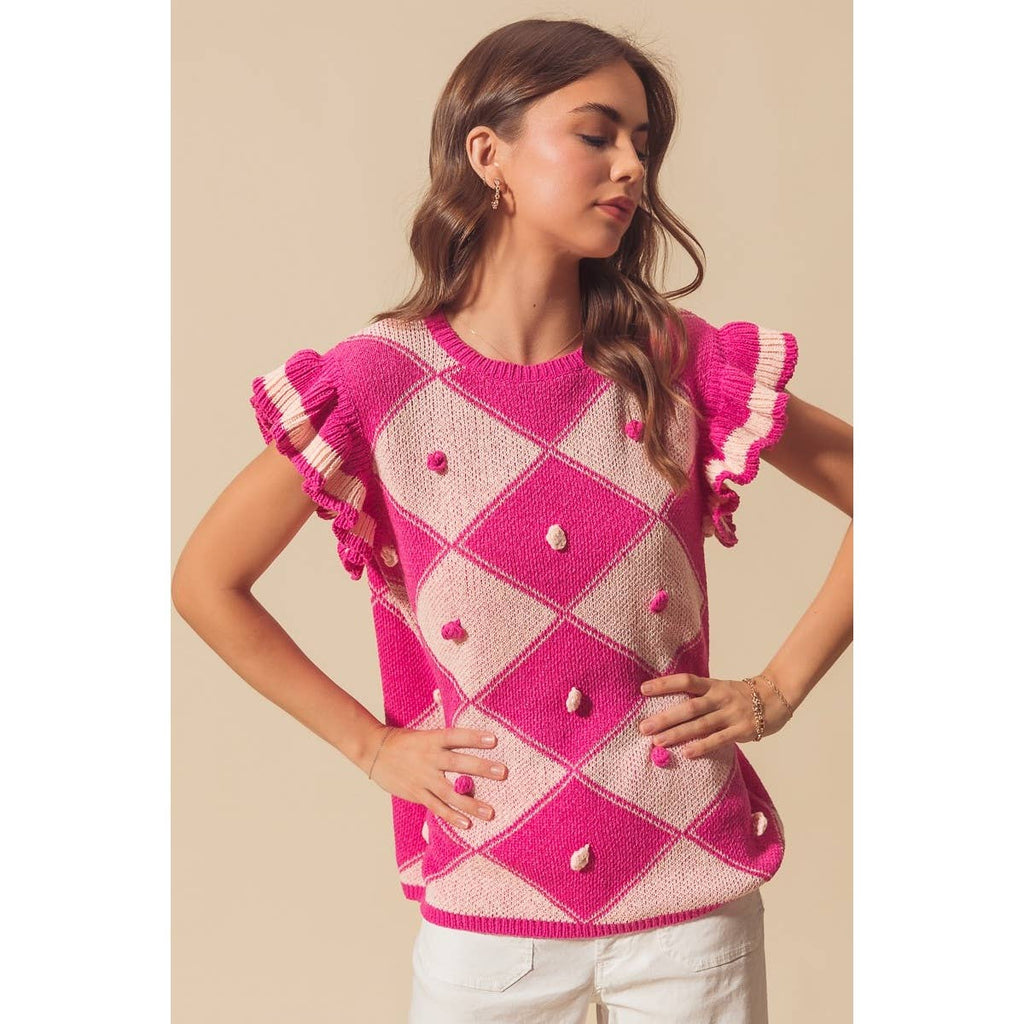 ARGYLE PATTER SWEATER TOP WITH RUFFLED SLEEVES