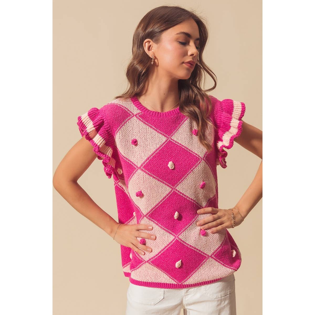 ARGYLE PATTER SWEATER TOP WITH RUFFLED SLEEVES