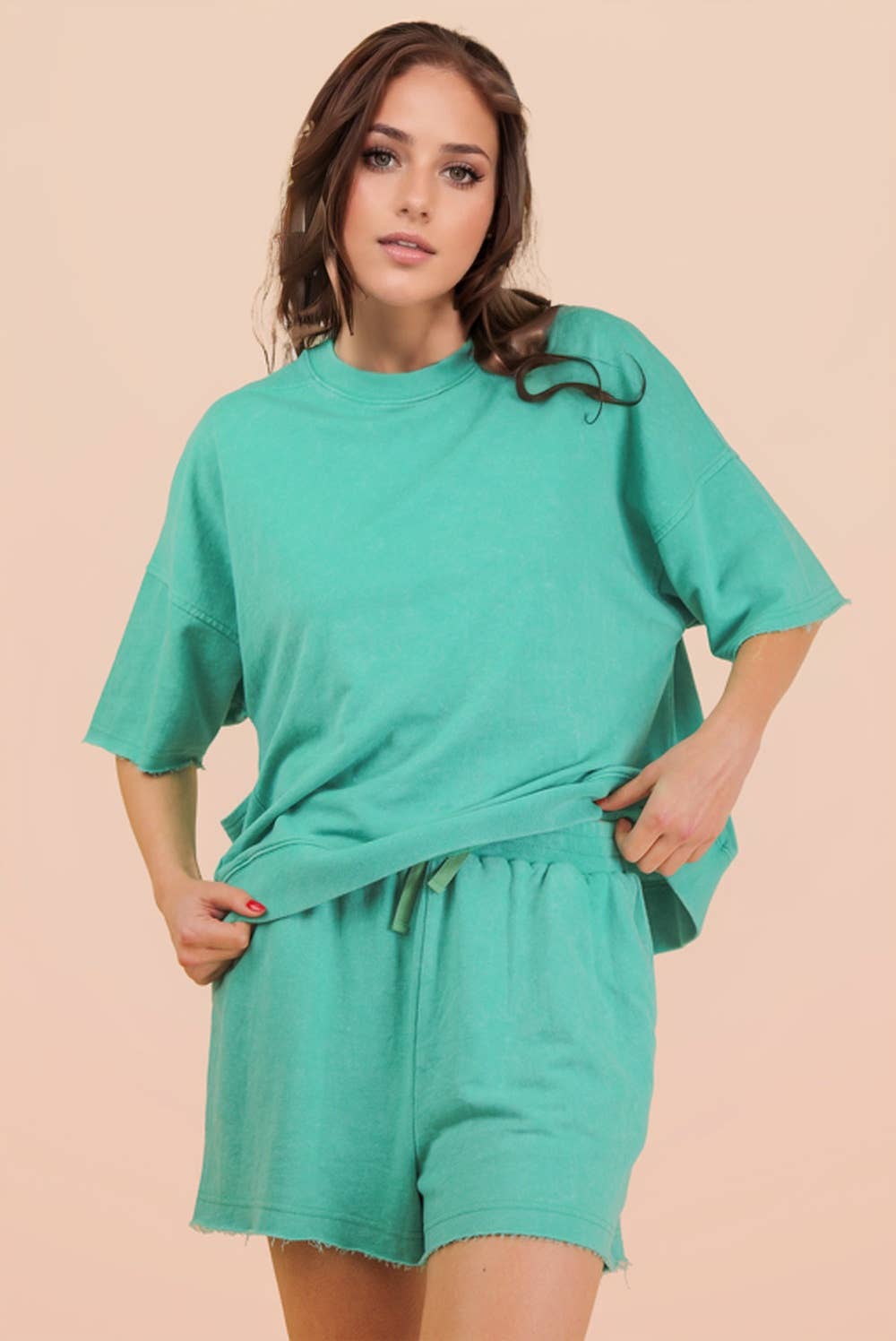 NT12429SETX-PLUS SIZE Mineral Washed Knit Casual Top & Shorts