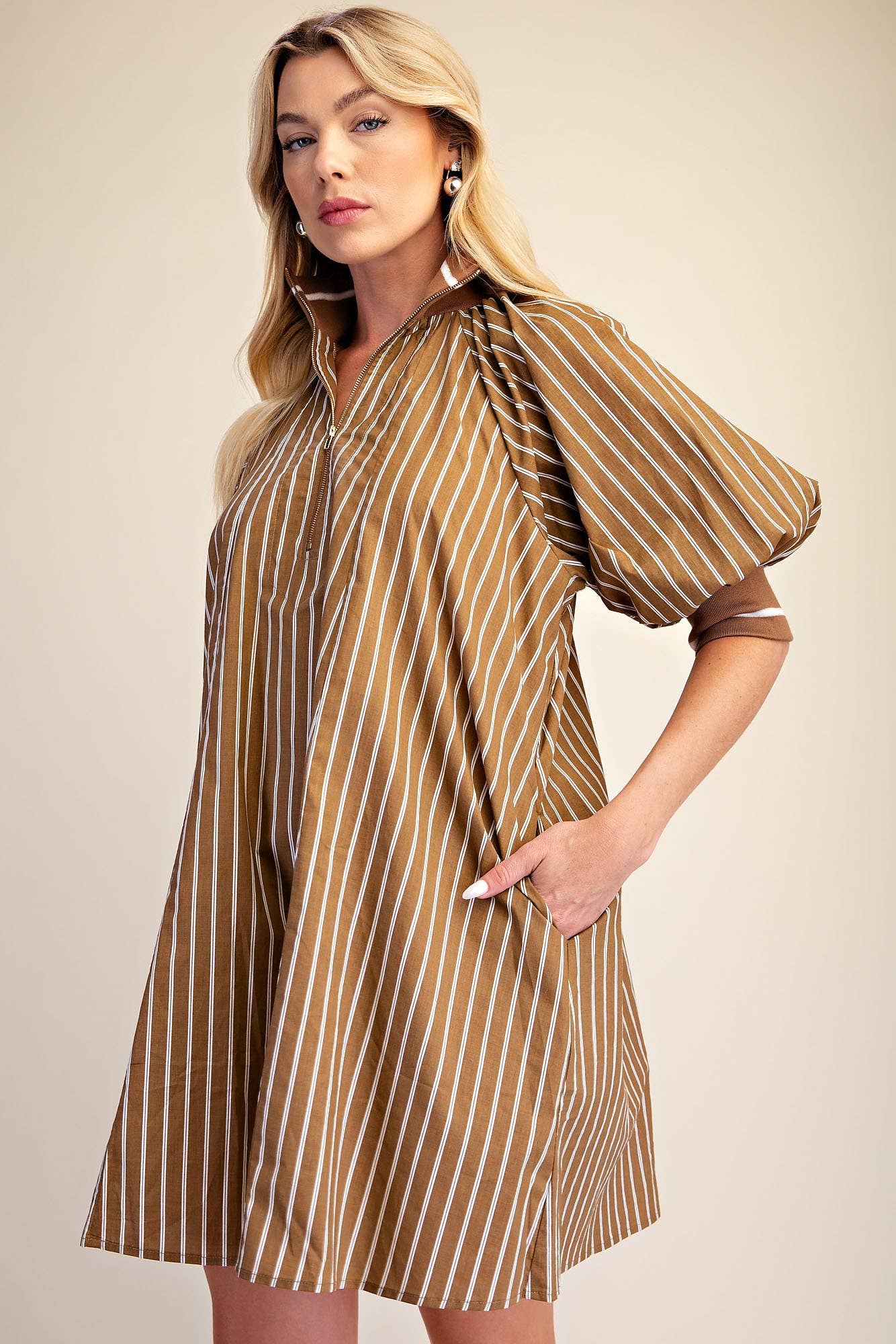 Mock Neck Band Half Zip Stripe Mini Dress