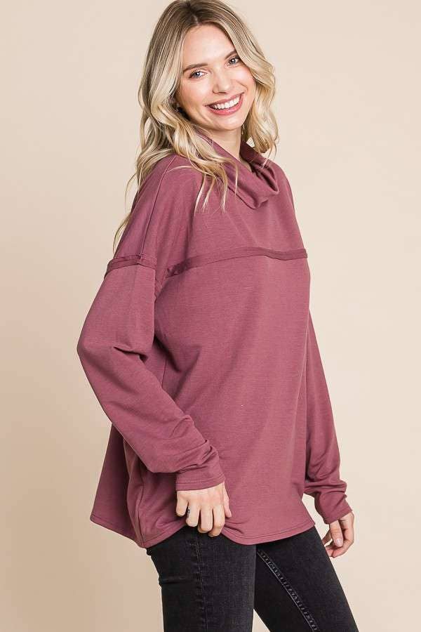 CFT1356L - DRAPE HIGH NECK LOOSE FIT LONG SLEEVE TOP