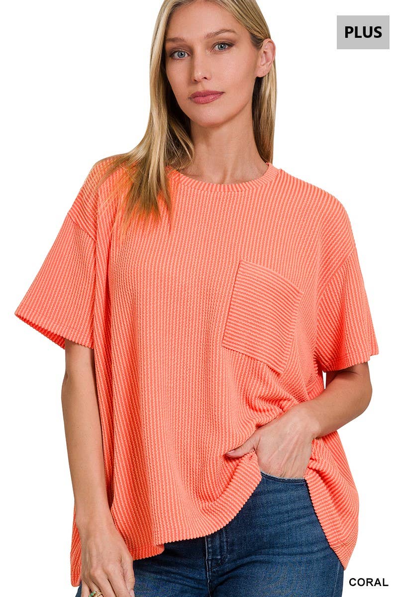 0107 Plus Raised Rib Short Sleeve Front Pocket Top SI-28942