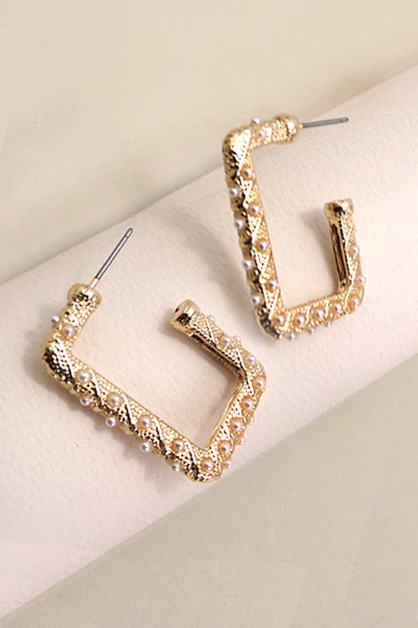 PEARL GOLD MIX RECTANGLE HOOP EARRINGS | 31E24892