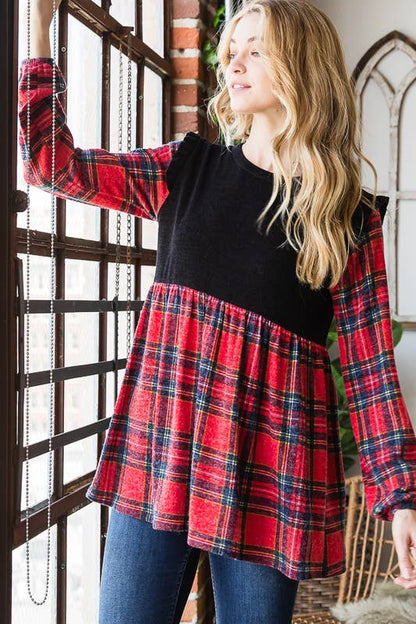 ET6757-13 SOLID AND MULTI COLOR PLAID BABYDOLL TOP