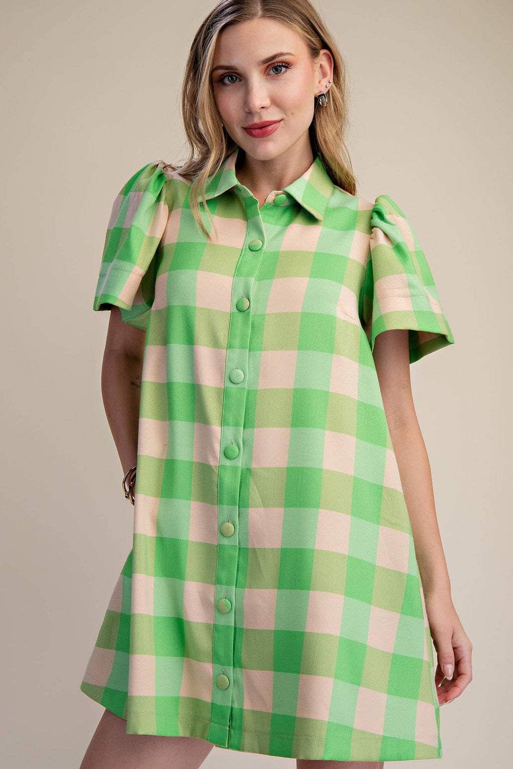 Checkered Mini Dress With Collar Neck Covered Button Down