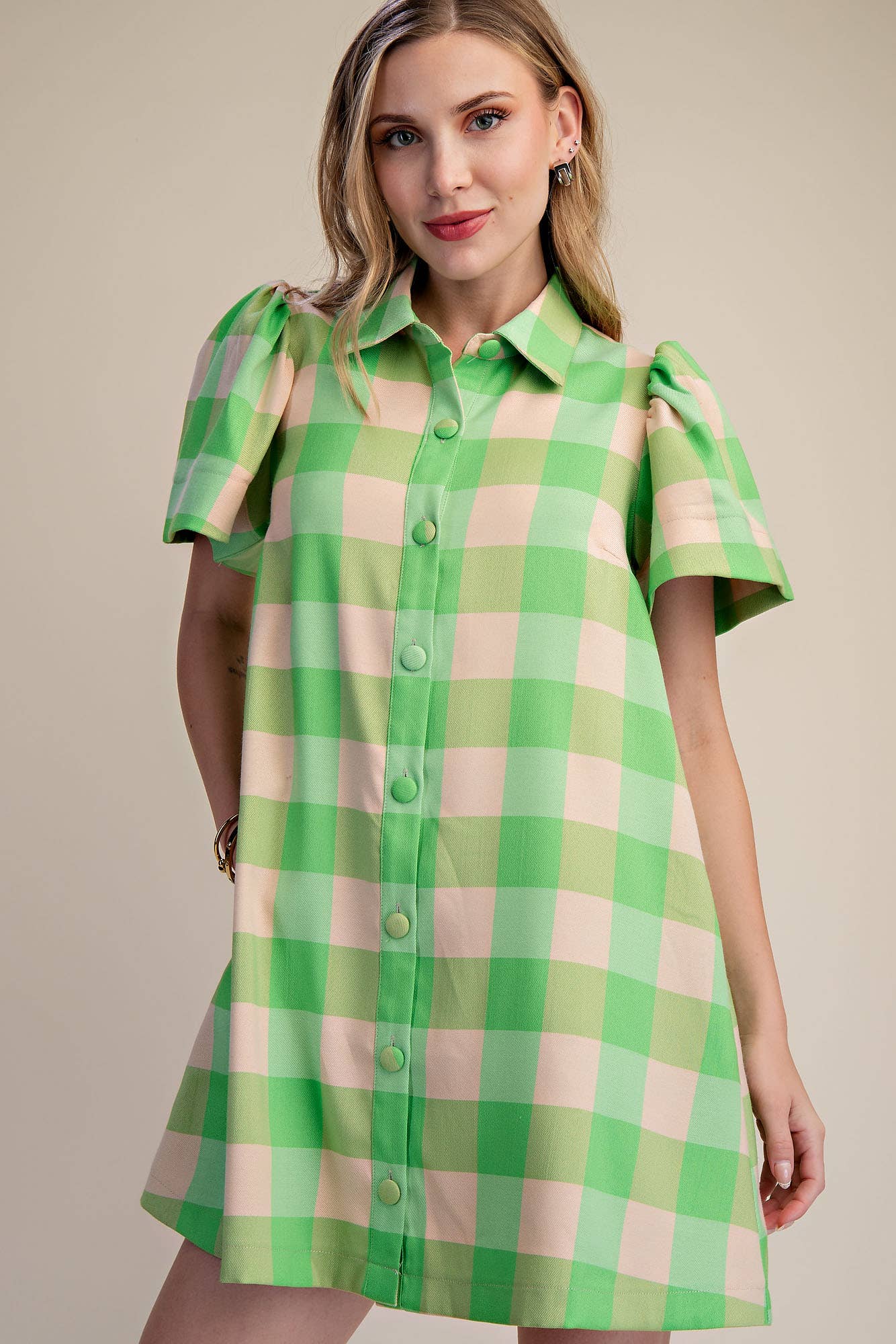 Checkered Mini Dress With Collar Neck Covered Button Down