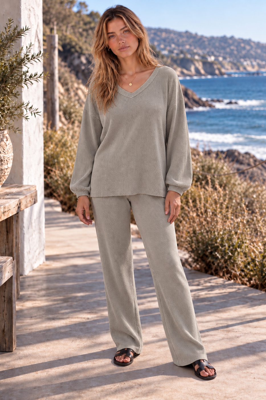 2-Piece V-Neck Long Sleeve Top + Relaxed Pants