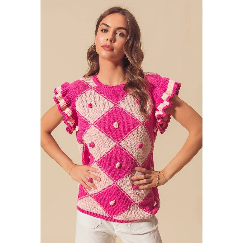 ARGYLE PATTER SWEATER TOP WITH RUFFLED SLEEVES