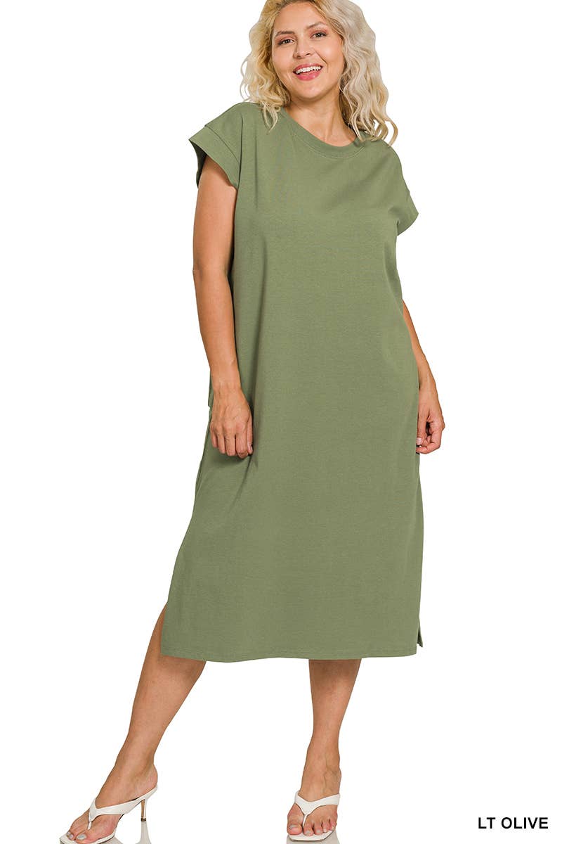 0624 Plus Round Neck Short Sleeve Midi Dress w/ Side Slit SI-2728