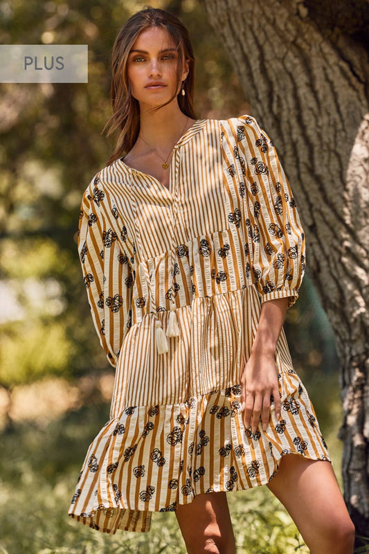 Plus Flocked Floral Striped Baby Doll Dress: Taupe Combo