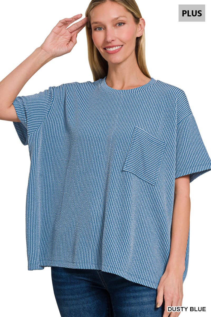0107 Plus Raised Rib Short Sleeve Front Pocket Top SI-28942