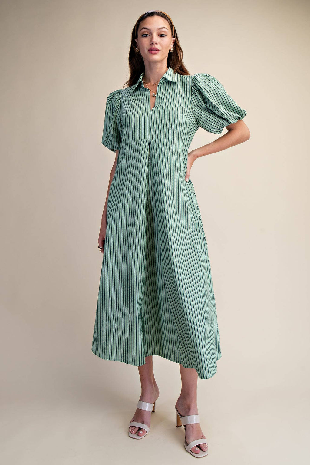 Collar V-Neck Puff Sleeve Stripe Pleated Midi Dress