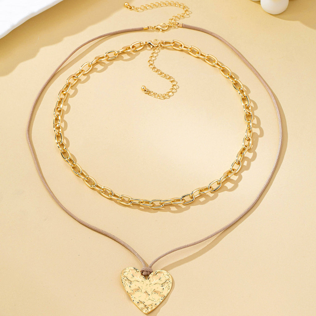 Hammered Heart Layered Cord Landyard Necklace | 80N93001
