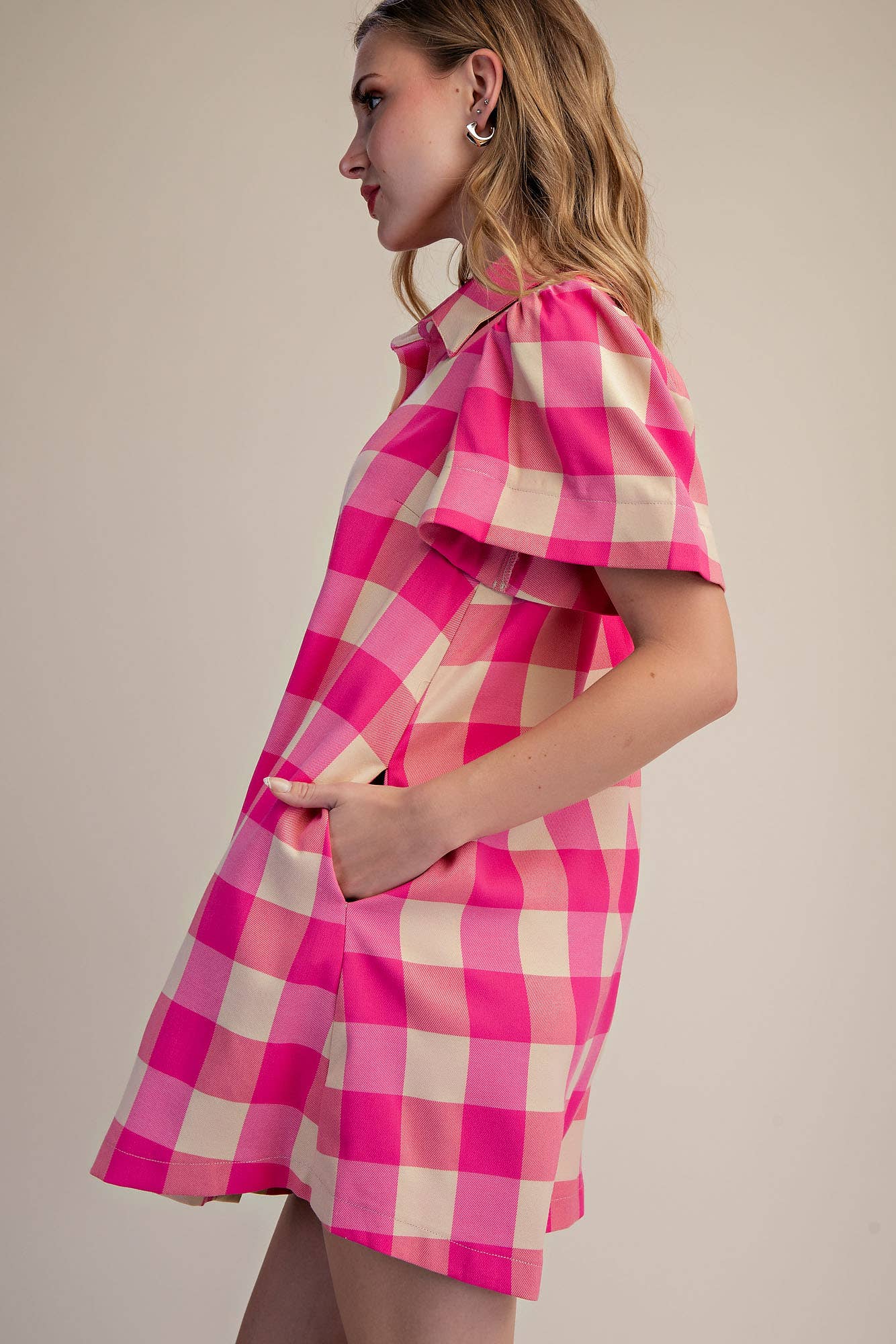 Checkered Mini Dress With Collar Neck Covered Button Down