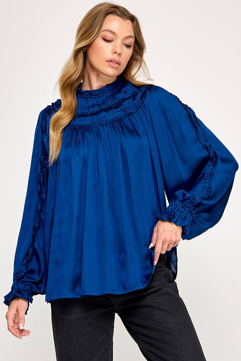 IT3477 - RUFFLED LONG SLEEVES SATIN TOP