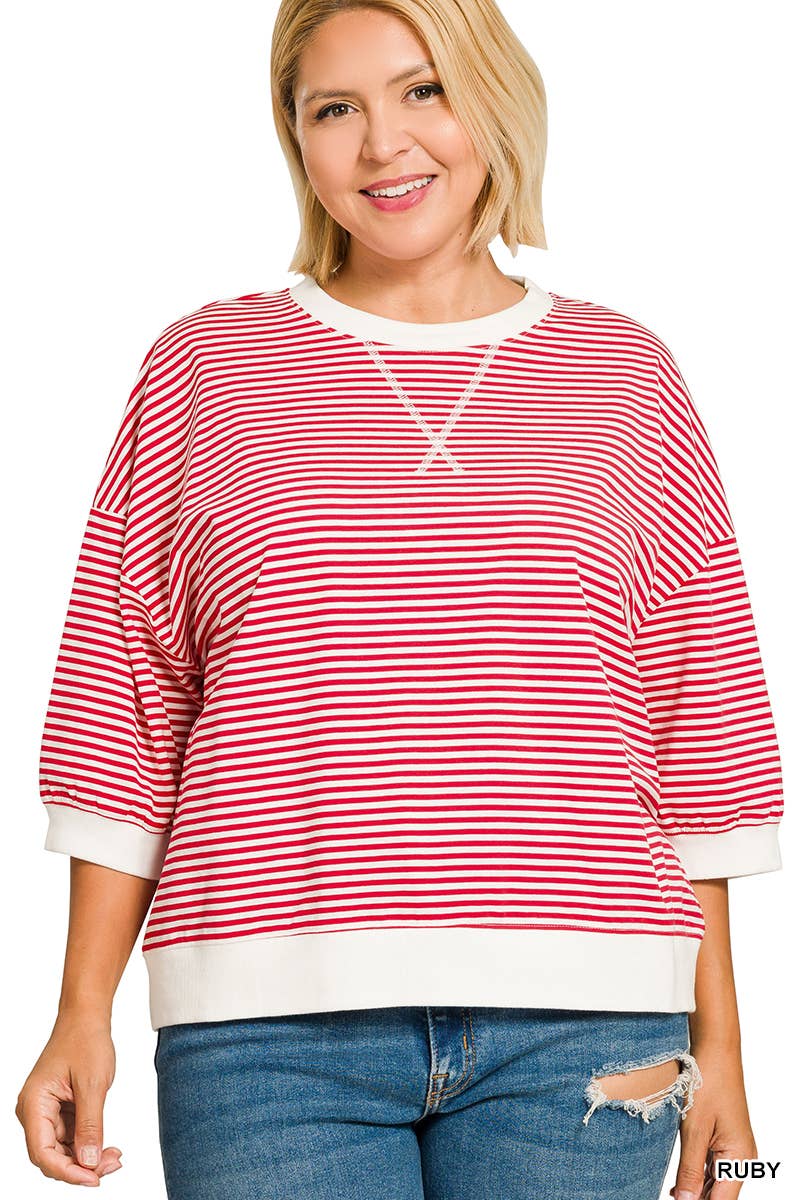 Plus Striped Rib Banded Short Sleeve Pullover