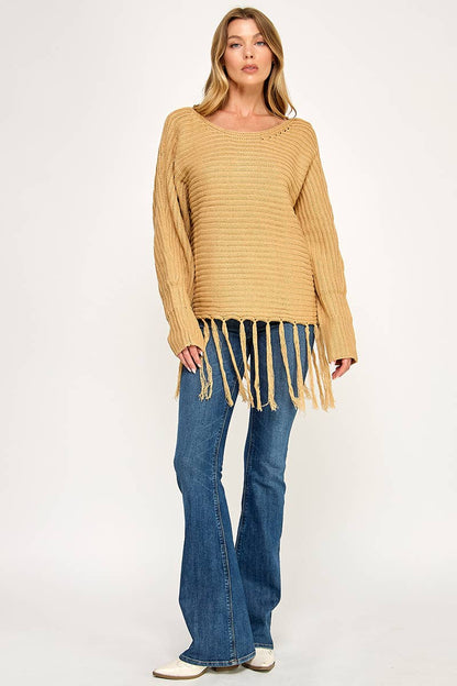 IT3453 - LONG SLEEVE SOLID BOAT NECK SWEATER WITH FRINGE