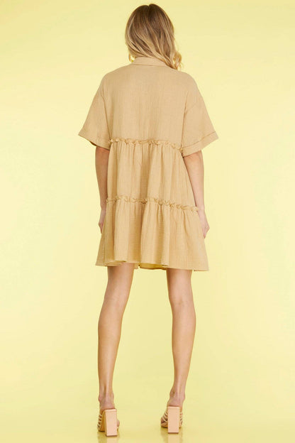 HALF SLEEVE BUTTON DOWN COLLARED TIERED GAUZE DRESS