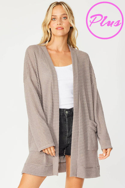 SJ1005-PLUS - WAFFLE KNIT OPEN FRONT CARDIGAN WITH POCKETS