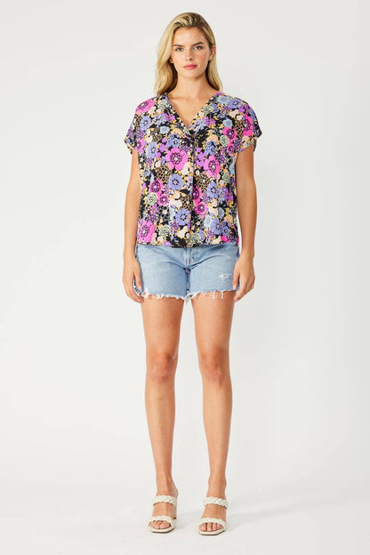 ST3611-E - FLORAL PRINT HI-LOW V NECK RELAXED FIT TOP