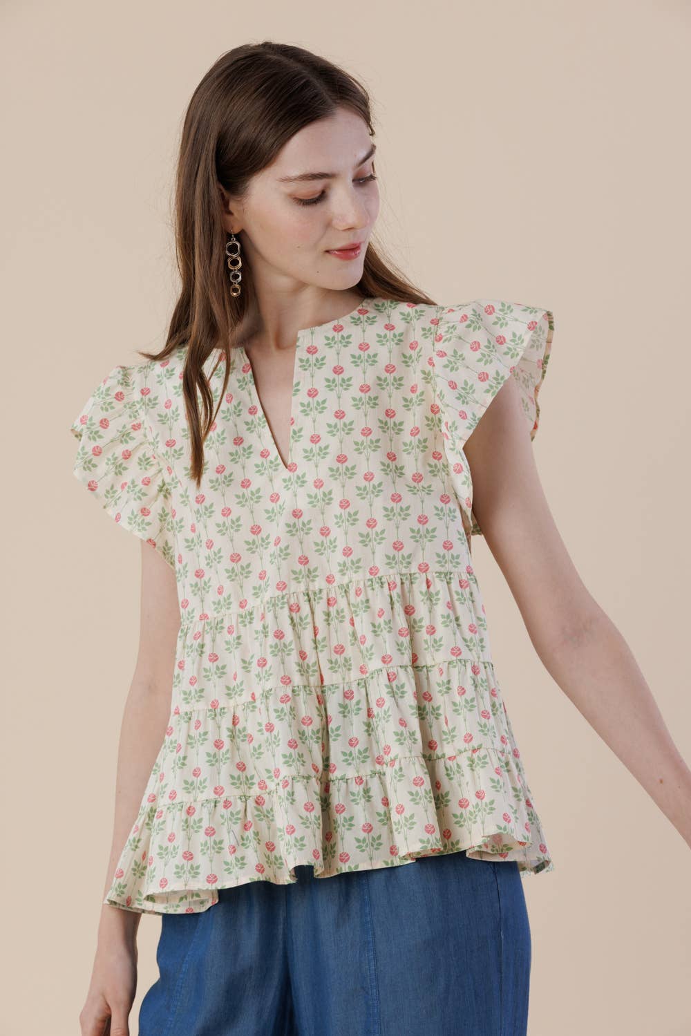 Floral Flutter Sleeve Tiered Blouse with Split Neck