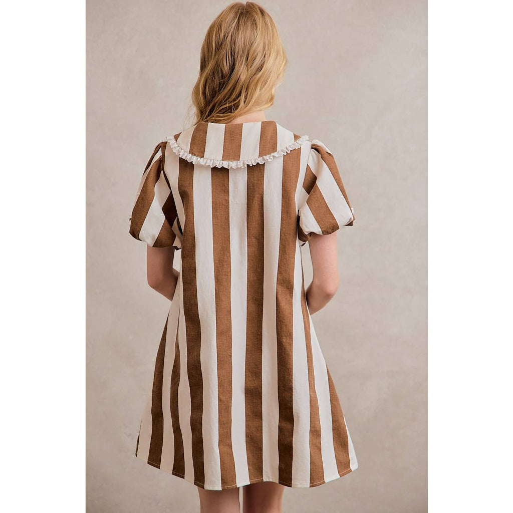 TWILL STRIPE PETER PAN COLLAR SHORT SLEEVE MINI DRESS