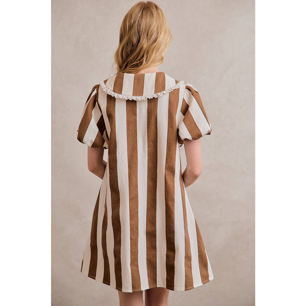 TWILL STRIPE PETER PAN COLLAR SHORT SLEEVE MINI DRESS