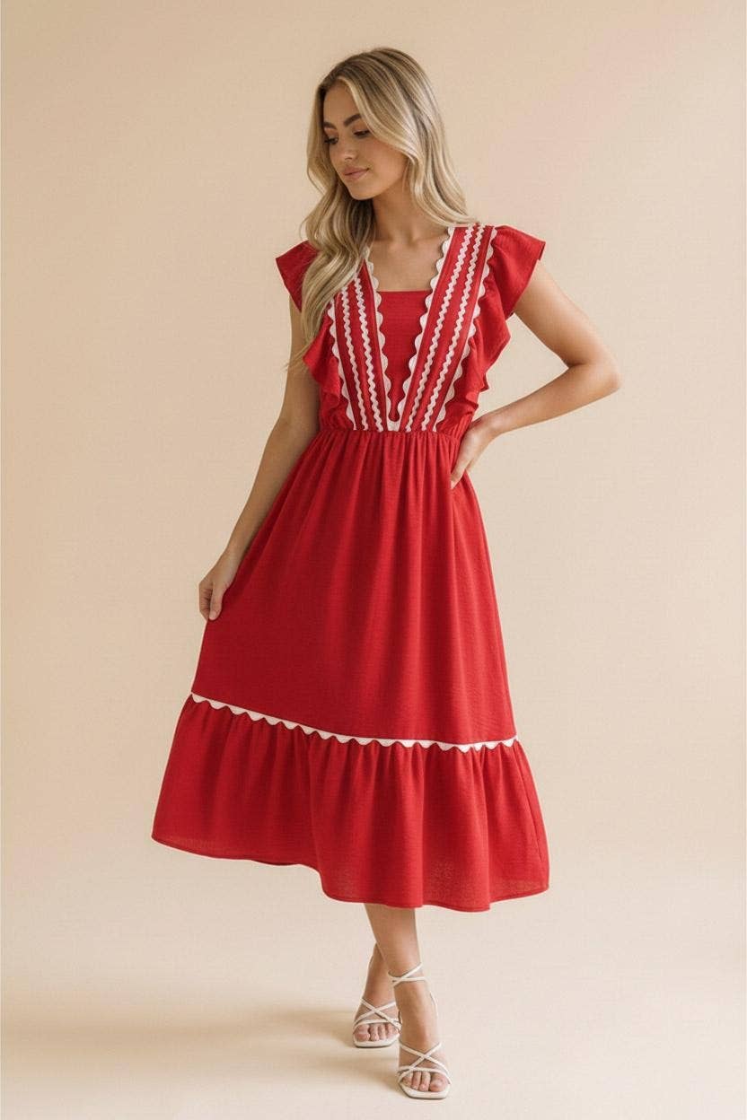 Plus Ric Rac Ruffle Short Sleeve Midi Woven Dress
