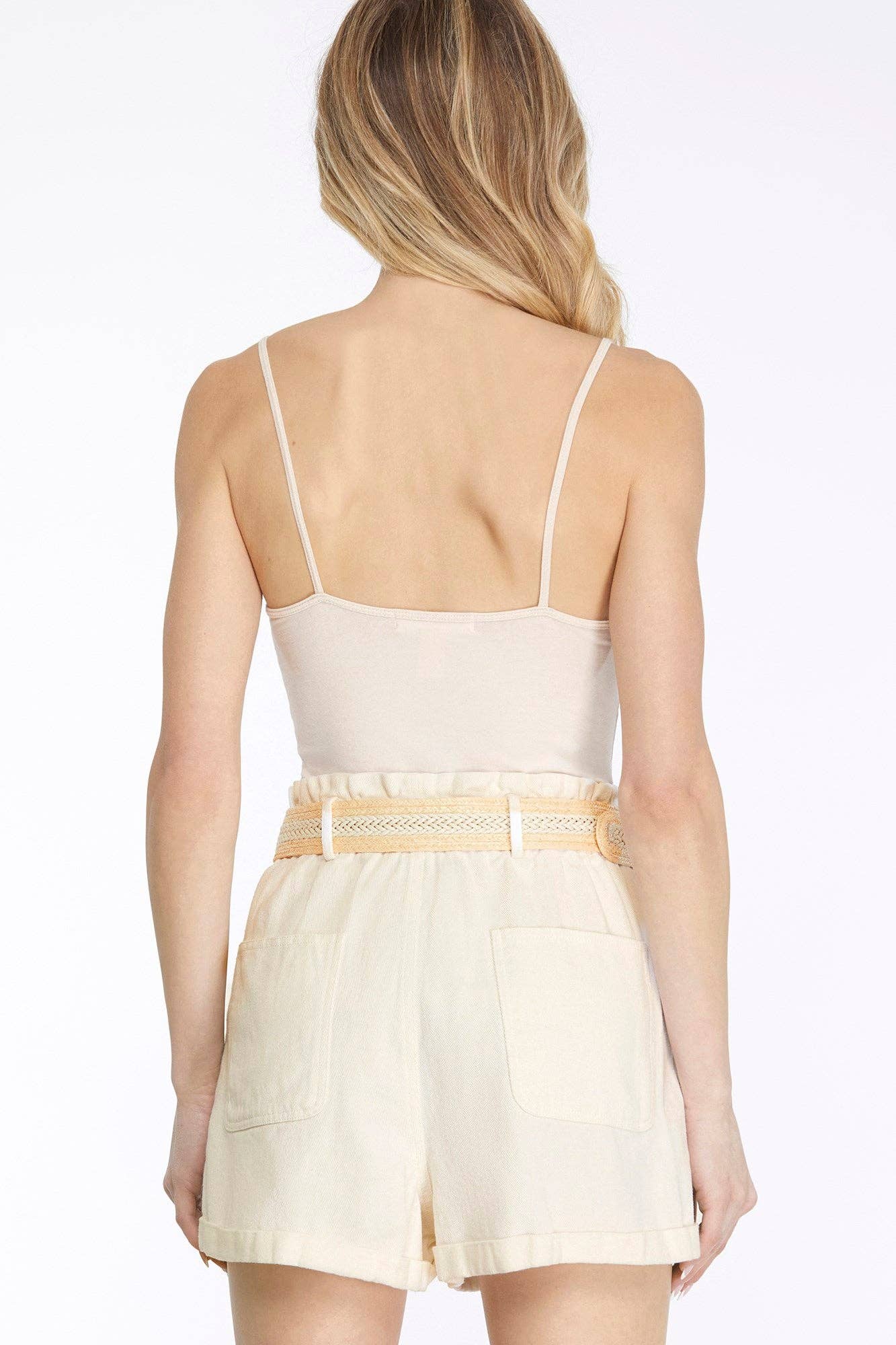 TWILL WOVEN PAPERBAG SHORTS WITH SIDE POCKETS AND BELT-SKSY6398