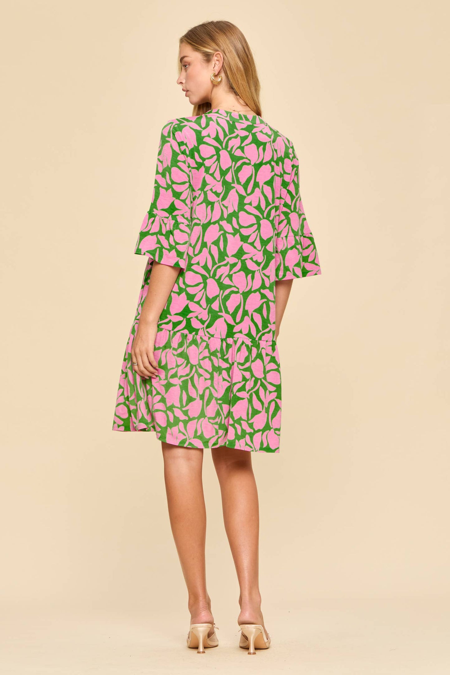 Floral Print Shirred Tiered 3/4 Sleeve Dress