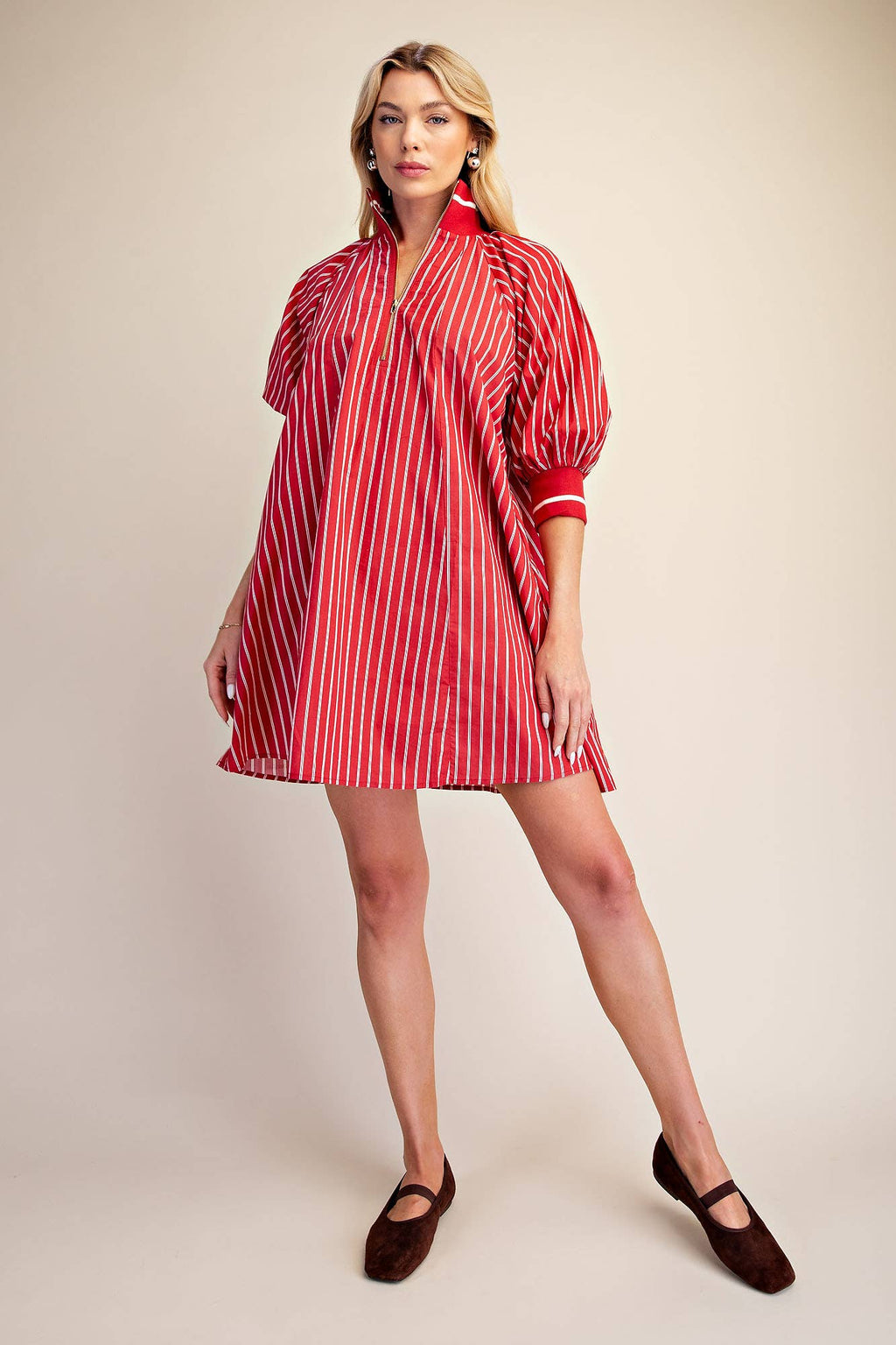 Mock Neck Band Half Zip Stripe Mini Dress